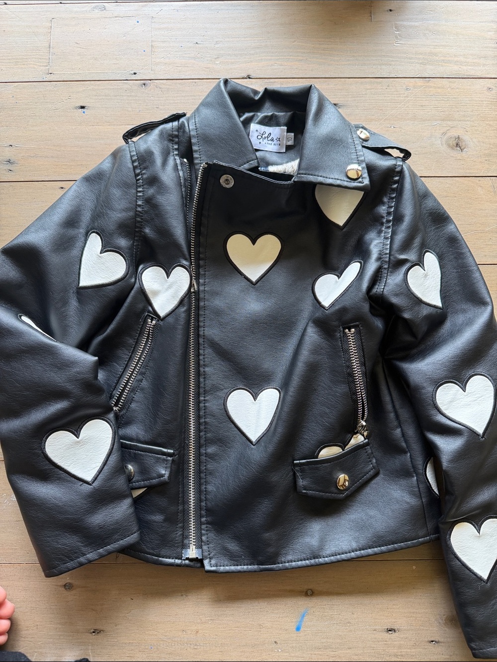 Lola + The Boys Black Jacket with White Heart Appliqués
